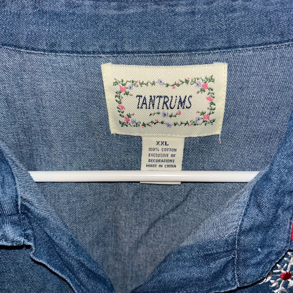 Vtg Tantrums XXL Denim Embroidered Christmas Shirt Corduroy CollarSnowman Button - Picture 5 of 5